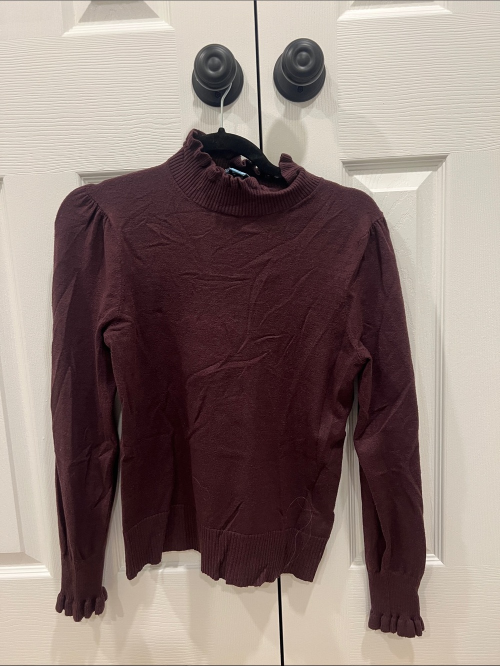 CeCe Ruffle Mock Neck Sweater in Wine